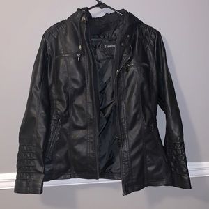Black faux leather jacket with hood!